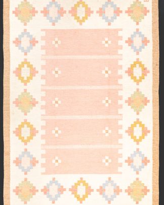 Tappeto Scandinavo Vintage Svedese (a tessitura piatta) Firmato “G.G” Con Disegno Moderno e Fondo Beige Pesca Chiara n°:81475618