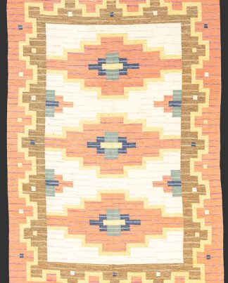 Tappeto Scandinavo Vintage Svedese (a tessitura piatta) Firmato “GK” Con Disegno Geometrico e Colore Pesca Chiara n°:95612281