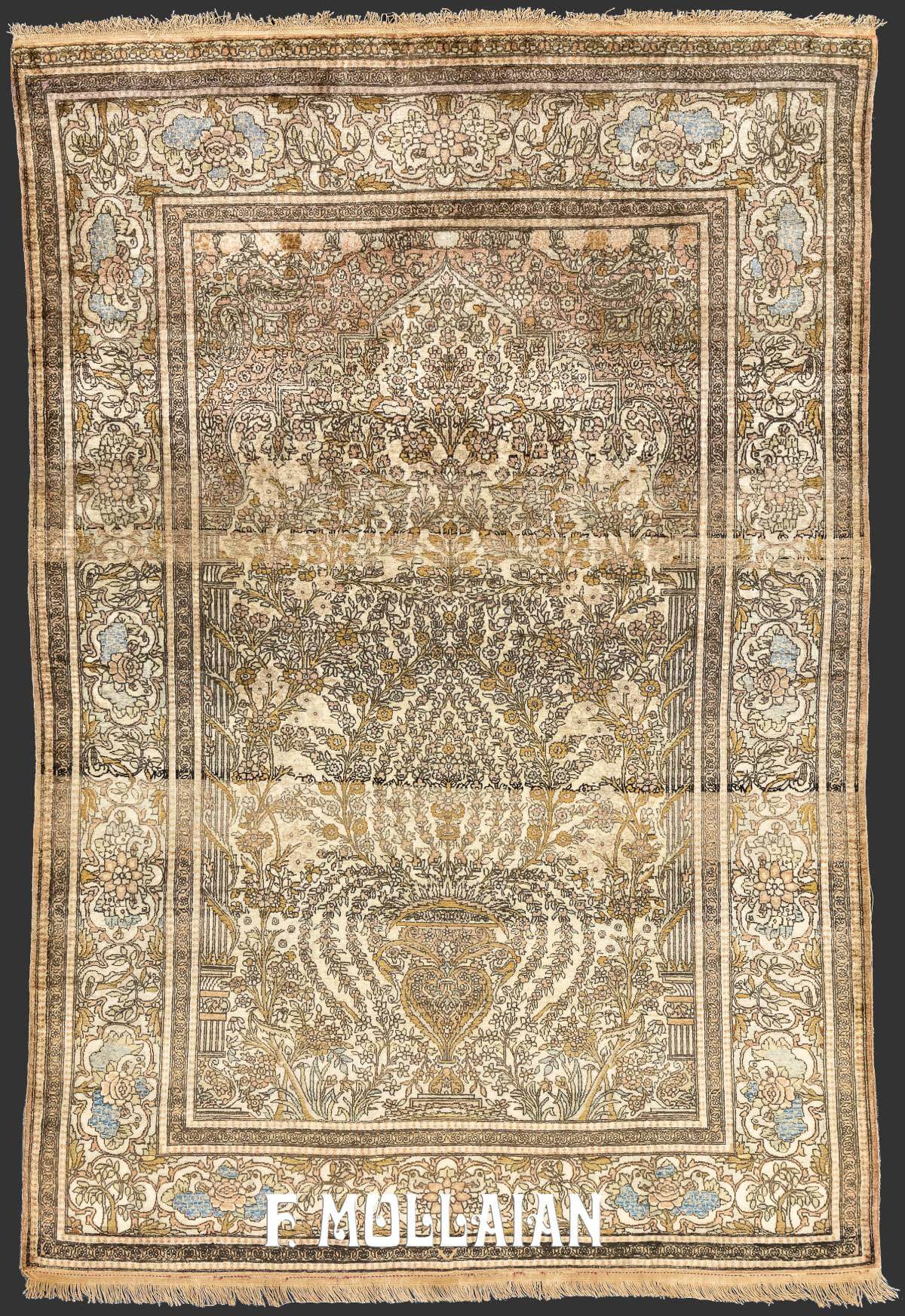 Mono-Tone Floral Prayer Field Kashan Antique Hand-knotted Silk Rug n°:983332