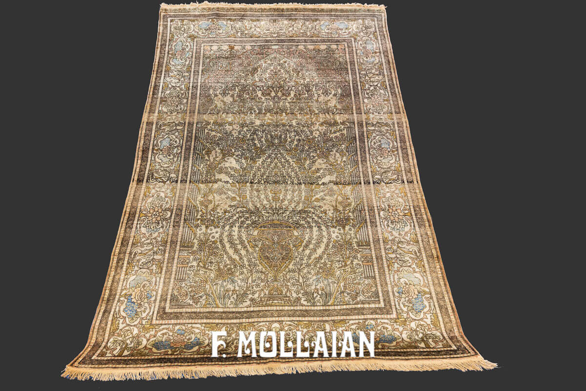 Mono-Tone Floral Prayer Field Kashan Antique Hand-knotted Silk Rug n°:983332