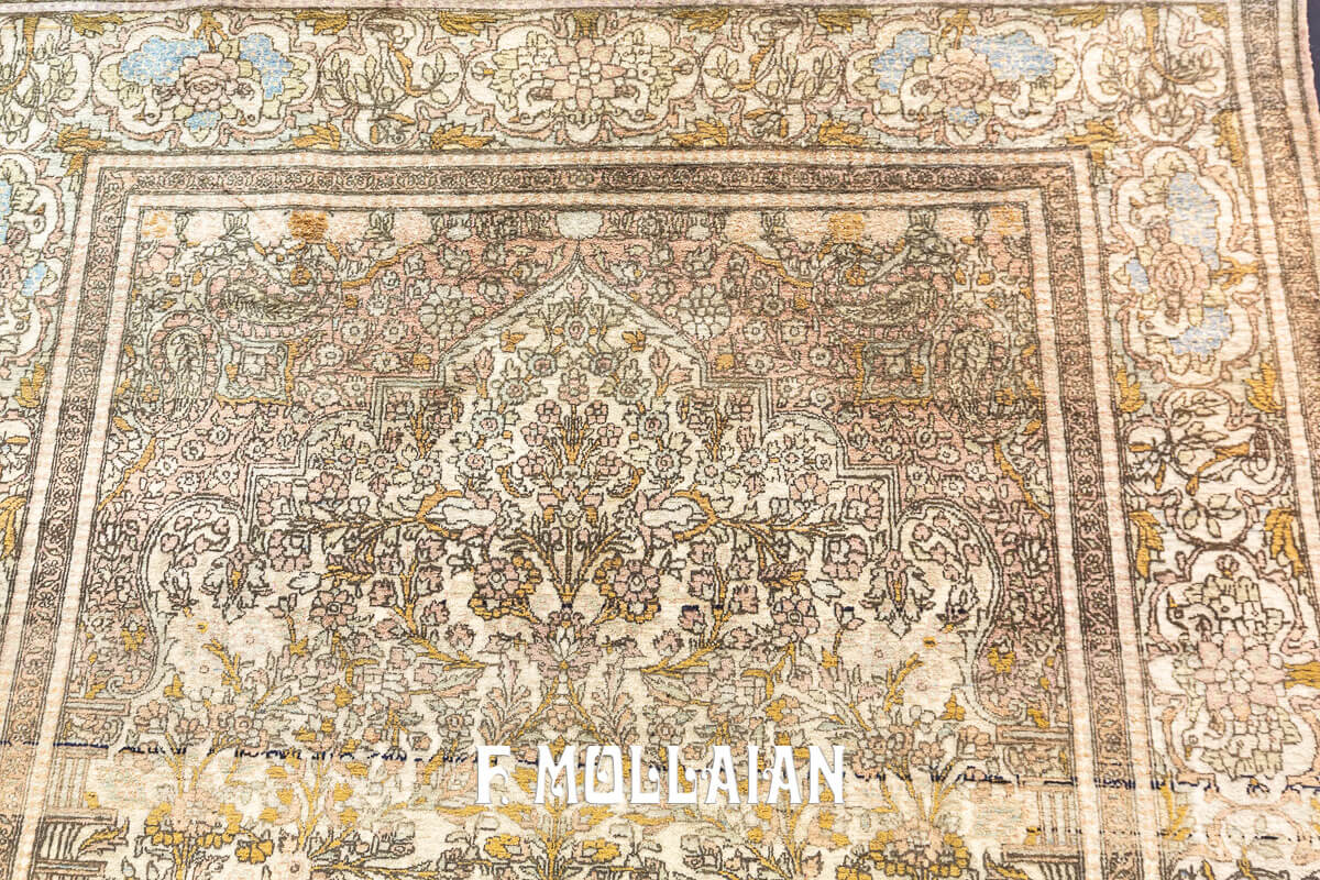 Mono-Tone Floral Prayer Field Kashan Antique Hand-knotted Silk Rug n°:983332