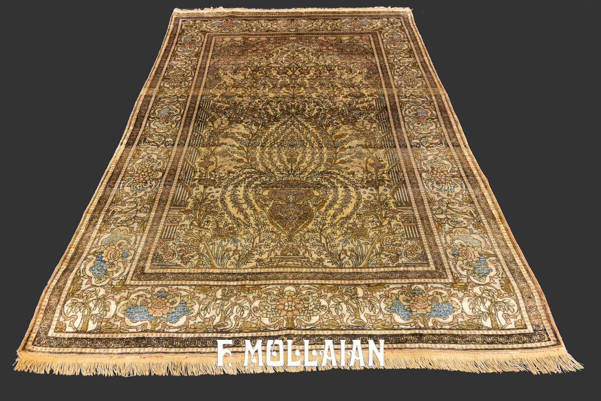 Mono-Tone Floral Prayer Field Kashan Antique Hand-knotted Silk Rug n°:983332