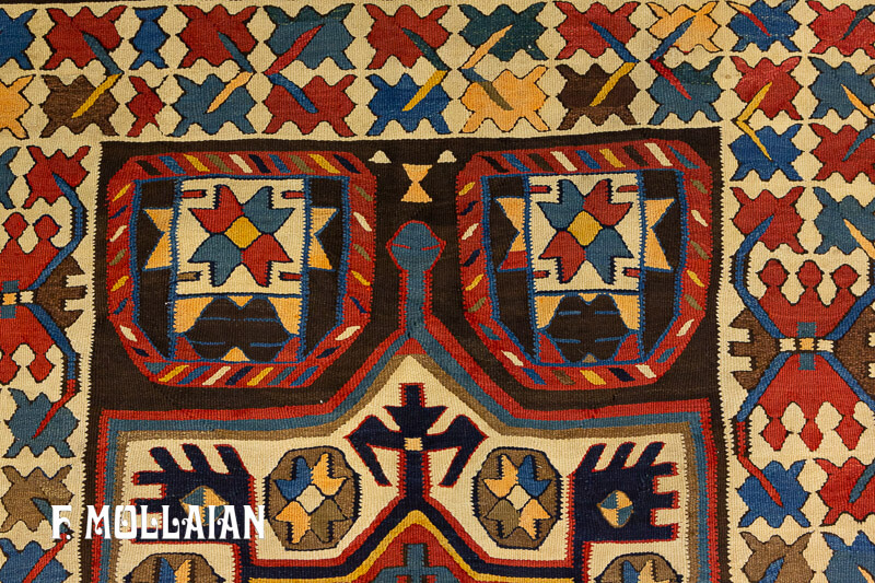 Antico (Caucasico) Kilim Borcialu Kalleh Di Lana Con Disegno Stilizzato n°:98881813