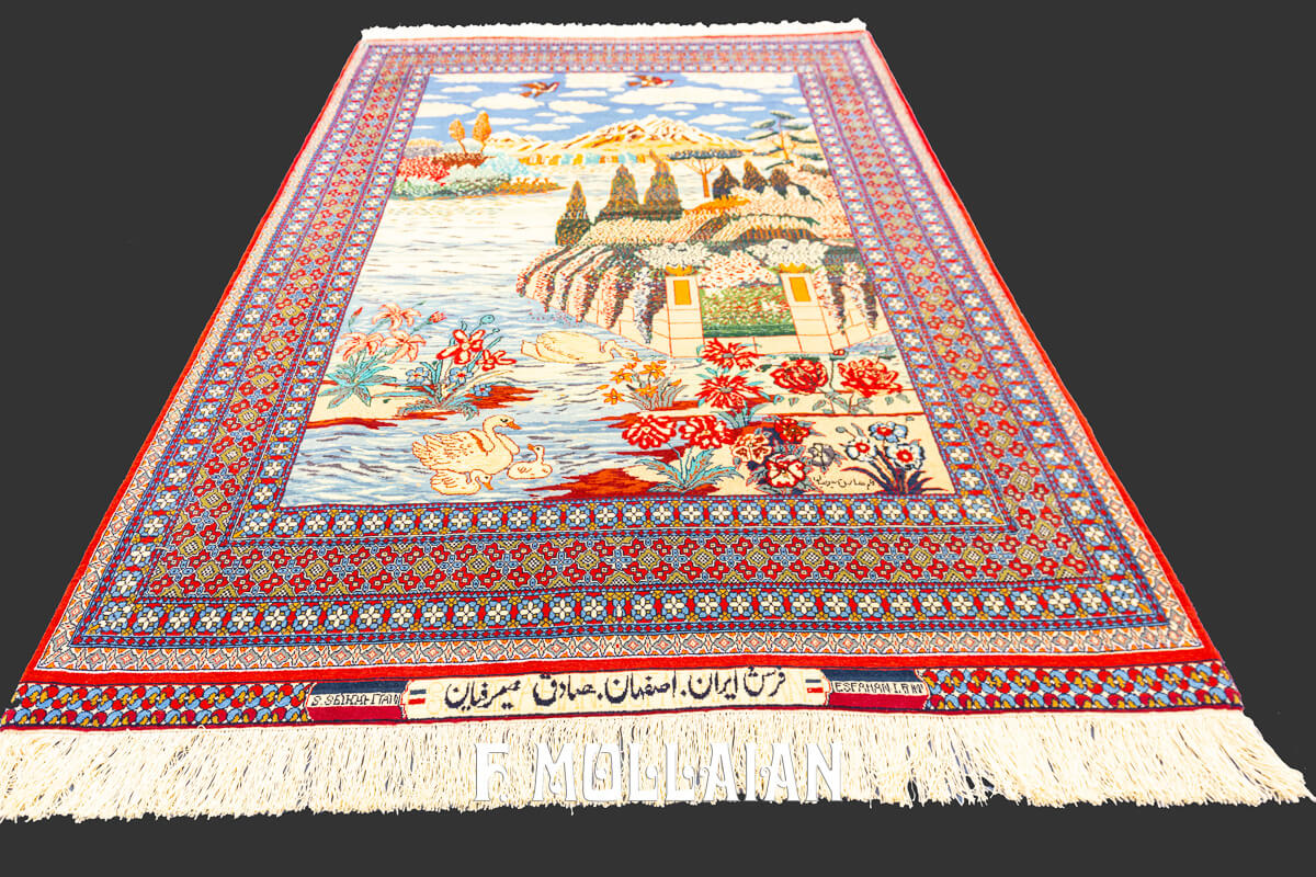 Isfahan Rug Signed Seyrafian Pictorial Silk Warps n°:988608